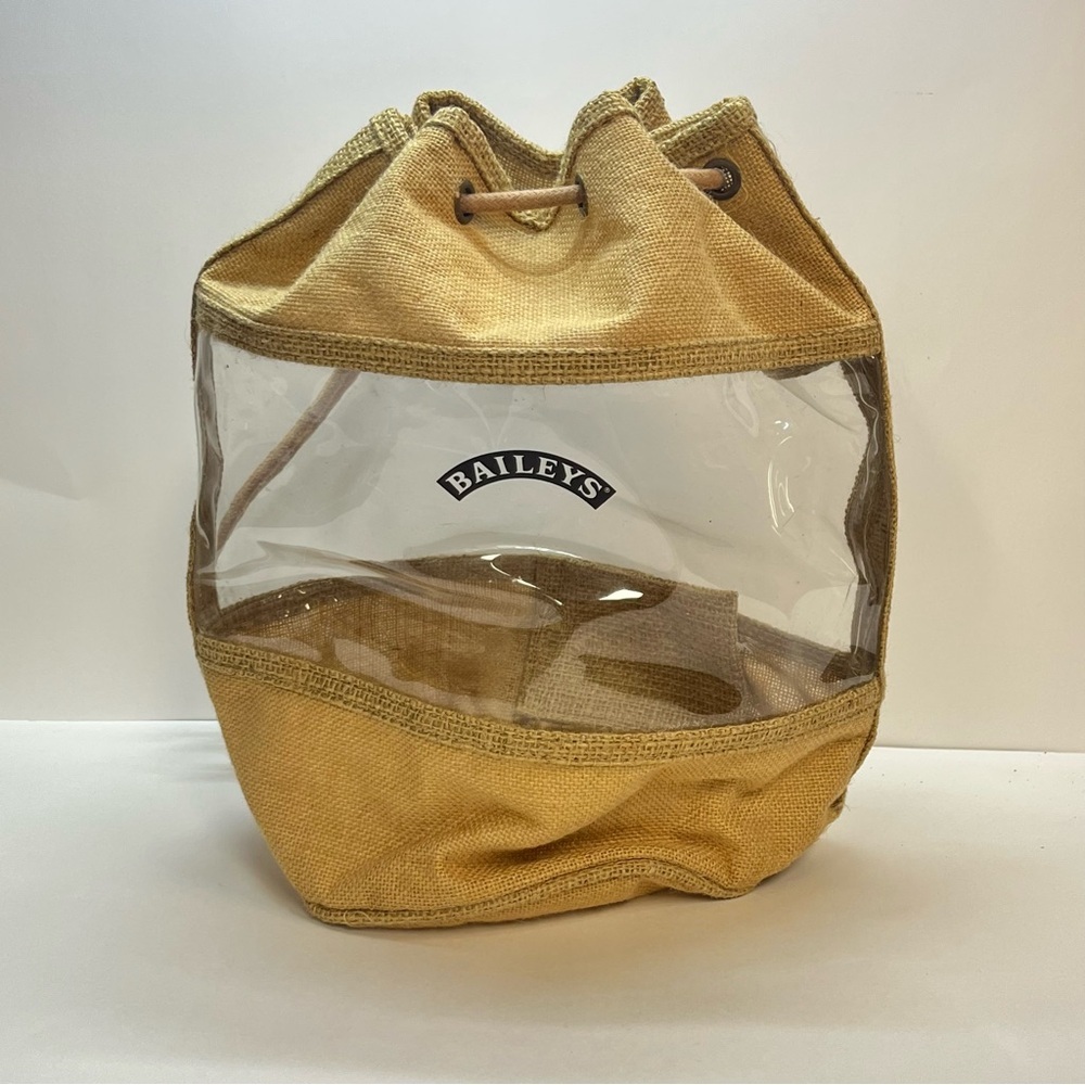 Baileys Irish Cream Burlap Clear Window Drawstring Bucket Bag Tan Collectible